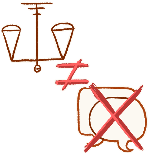 A drawing of the inverted scales symbol for ASPD and two speech bubbles with a large red X over them. Between them is a pink and red unequal sign. Everything is outlined in white.